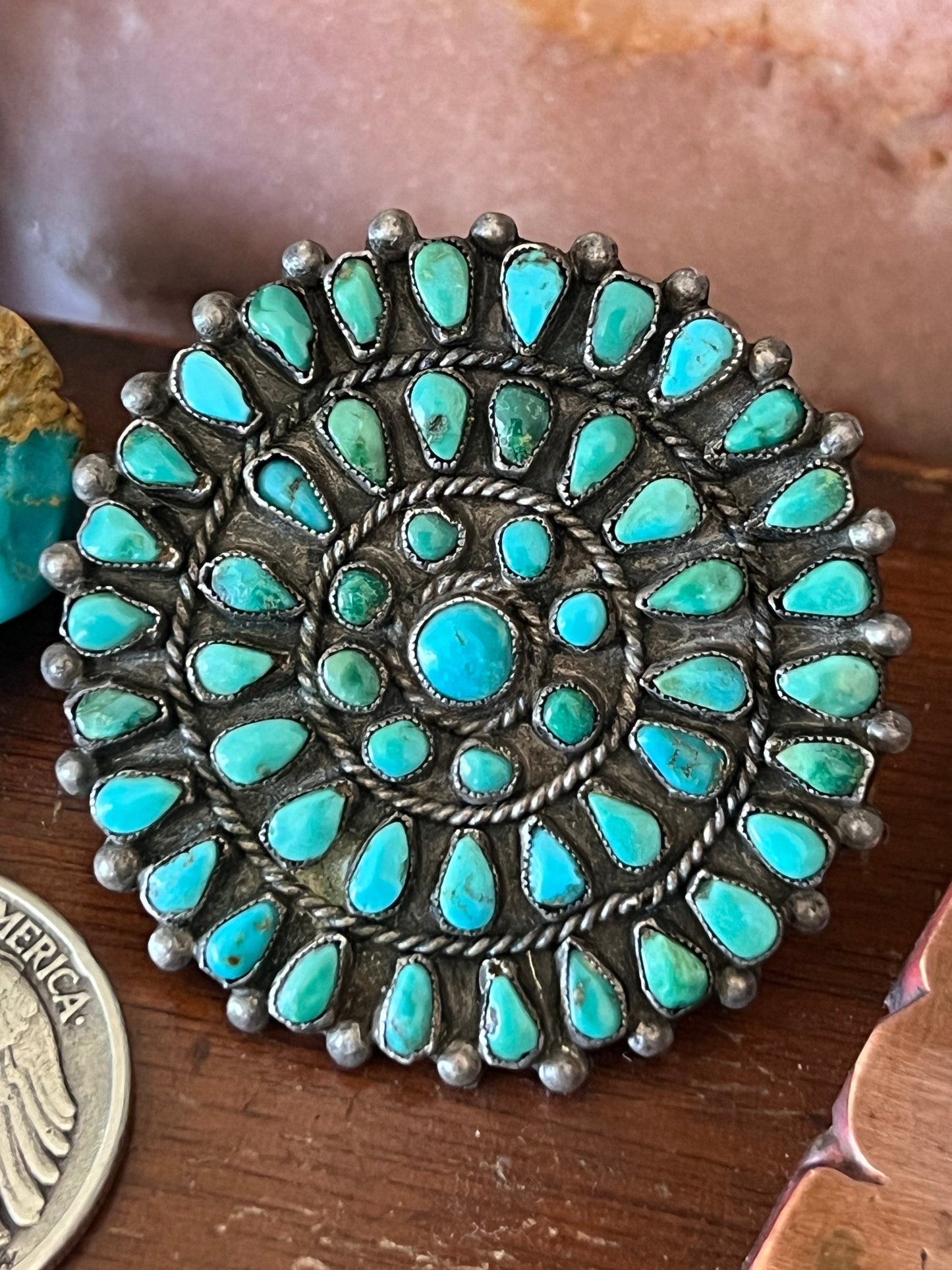 Vintage Old Pawn Sterling Silver and Turquoise Cluster Brooch, Unsigned