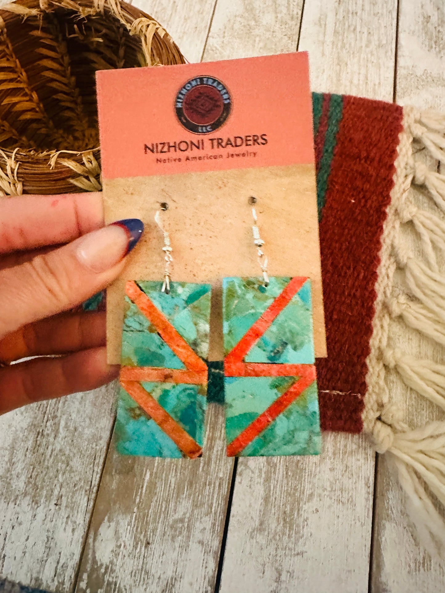 Handcrafted Turquoise & Spiny Inlay Dangle Earrings