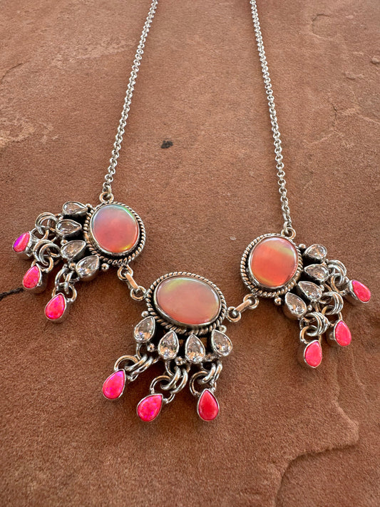 Handmade Pink Opal, Hot Pink Fire Opal & Sterling Silver Tassel Necklace