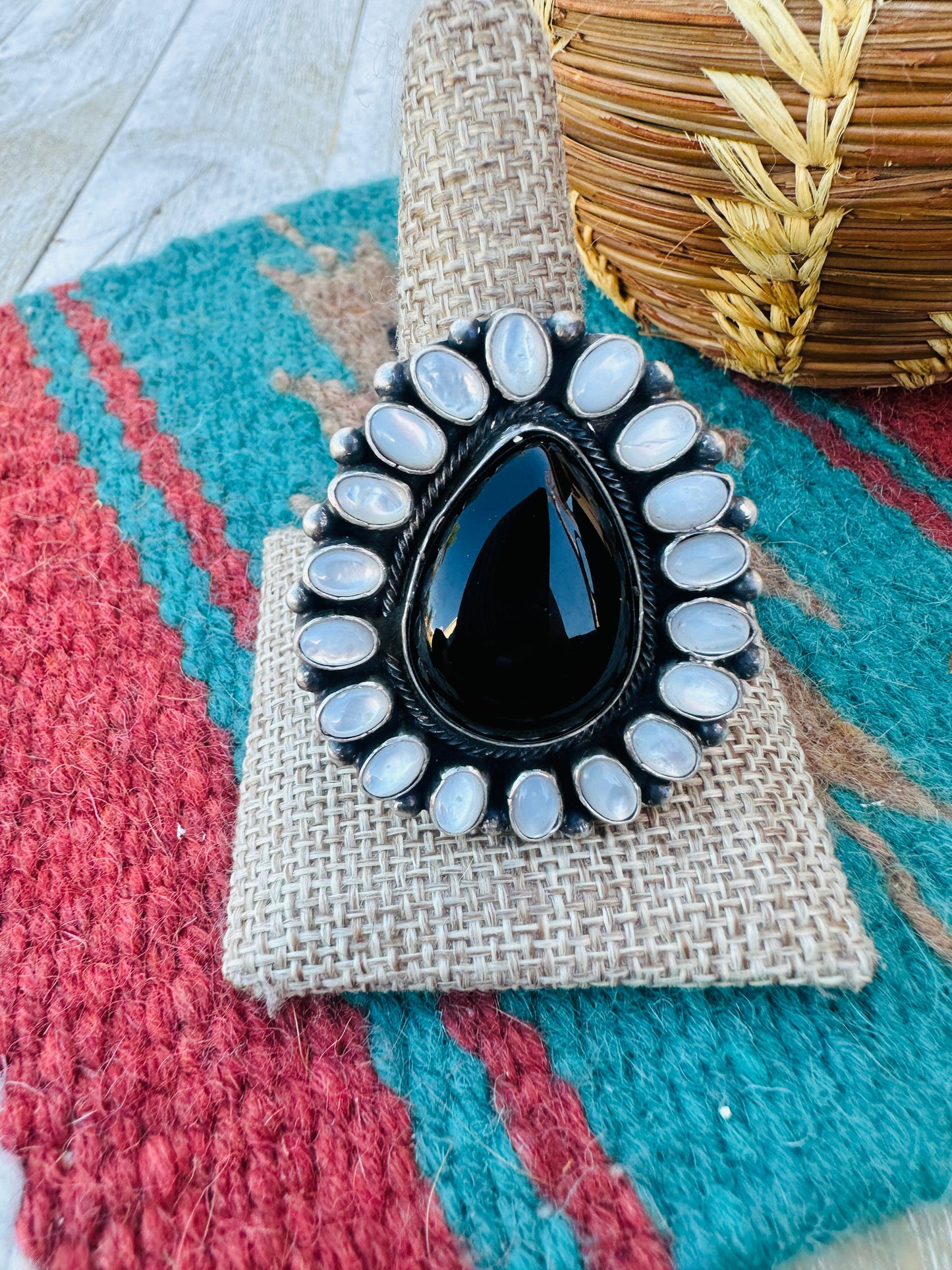 Hand Crafted Mother of Pearl, Onyx & Sterling Silver Cluster Adjustable Ring