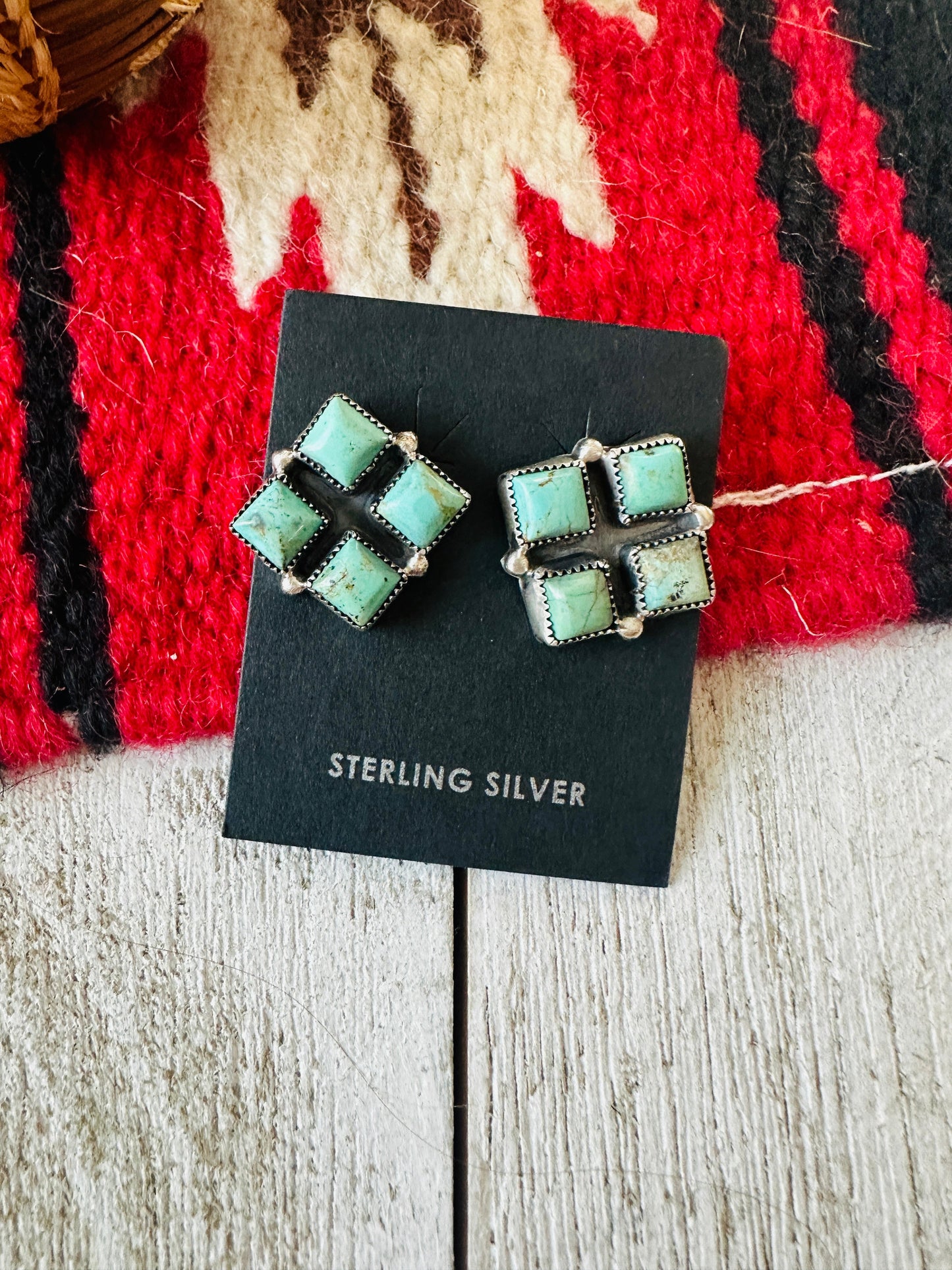 Navajo Sterling Silver & Turquoise Cluster Stud Earrings Signed