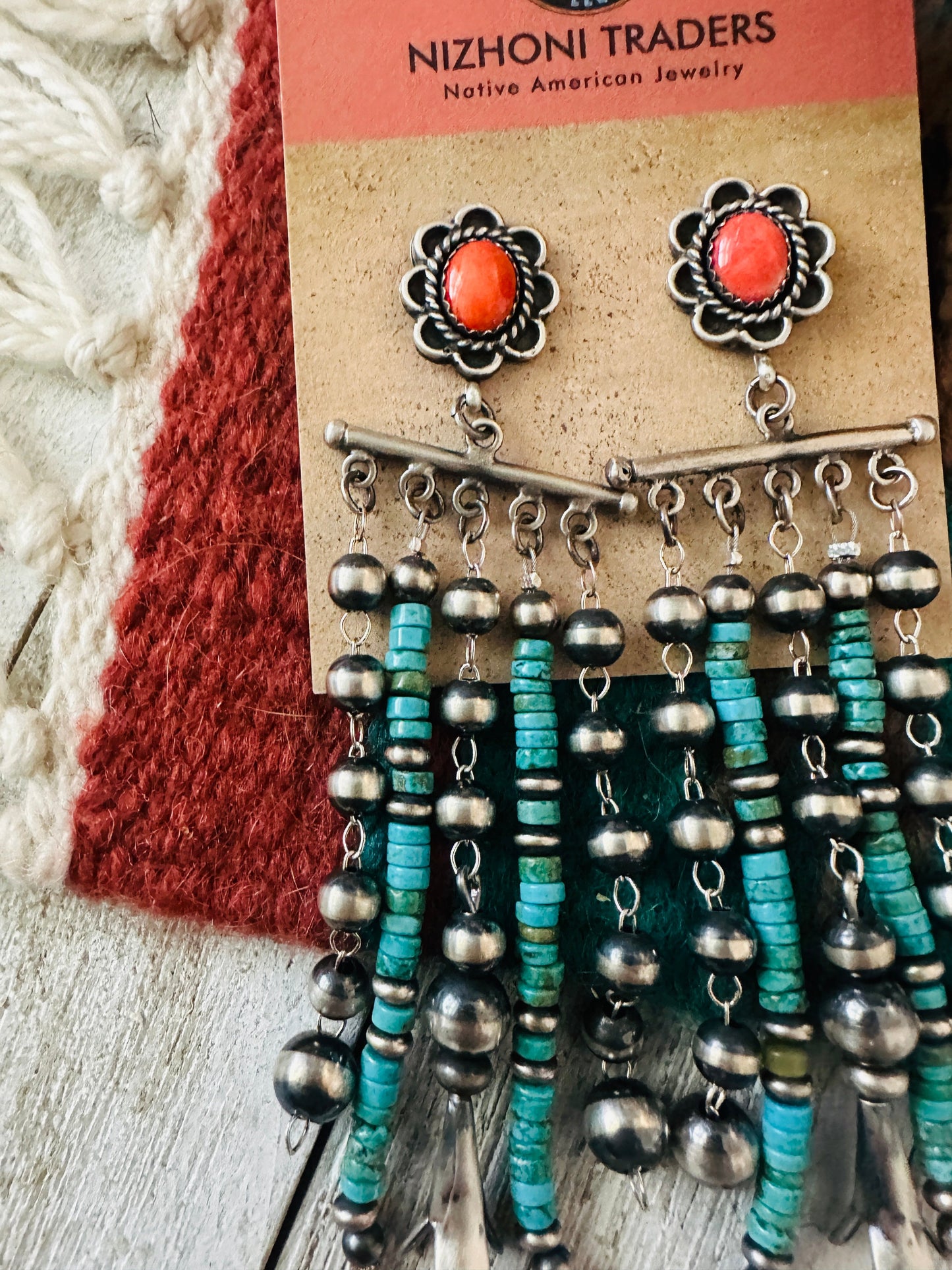Handcrafted Turquoise, Coral  & Sterling Silver Pearl Beaded Tassel Dangle Earrings