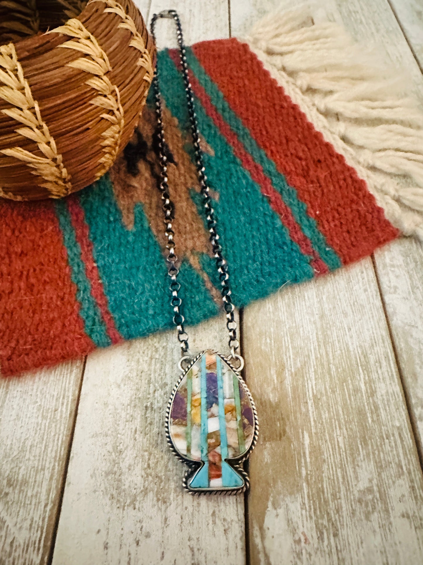 Handcrafted Sterling Silver & Multi Stone Inlay Spade Necklace