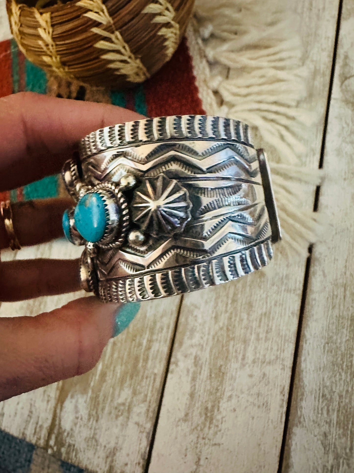 Kingman Turquoise & Sterling Silver Cluster Cuff Bracelet /