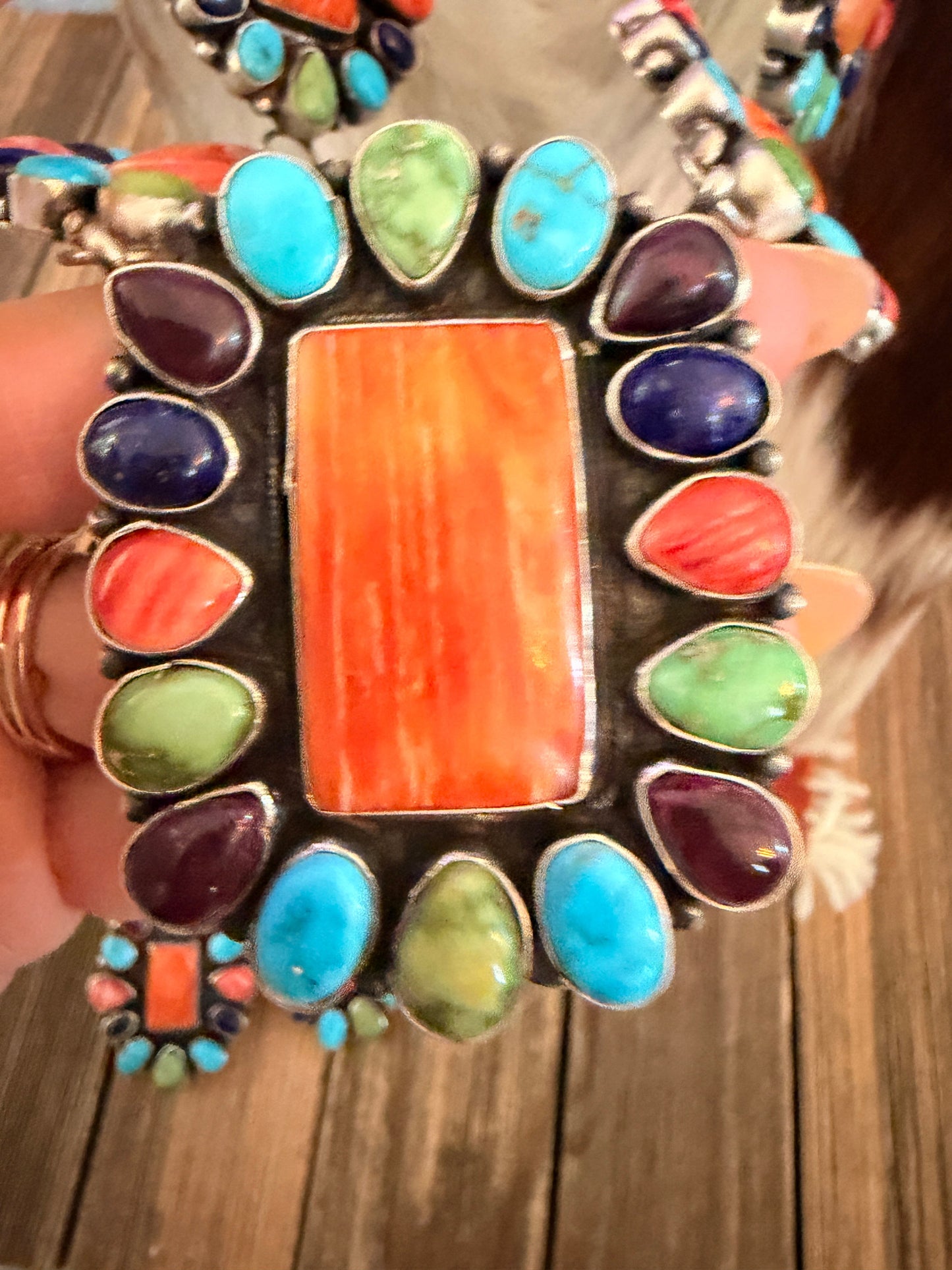 Handcrafted Spiny Oyster, Turquoise & Sterling Silver Necklace and Earring Set by Ella Peter