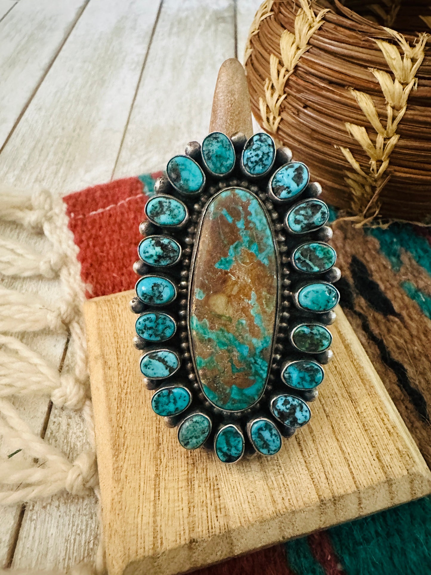 Handcrafted Turquoise & Sterling Silver Cluster Adjustable Ring by Blaine Yellowhorse