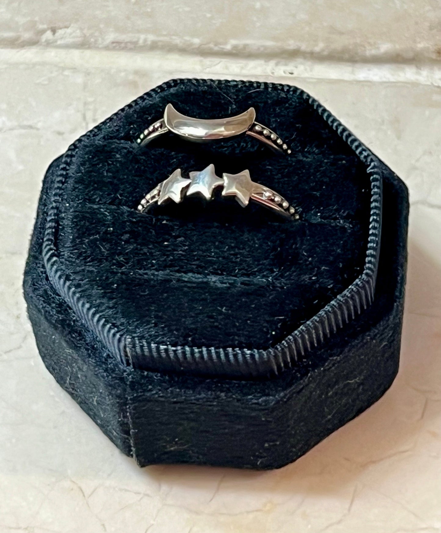 Crescent Moon & 3 Stars Sterling Silver Rings set of 2