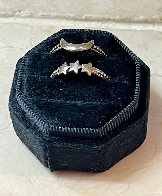 Crescent Moon & 3 Stars Sterling Silver Rings set of 2