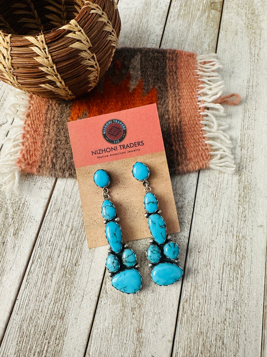 Handcrafted Sterling Silver & Turquoise Cluster Dangle Earrings