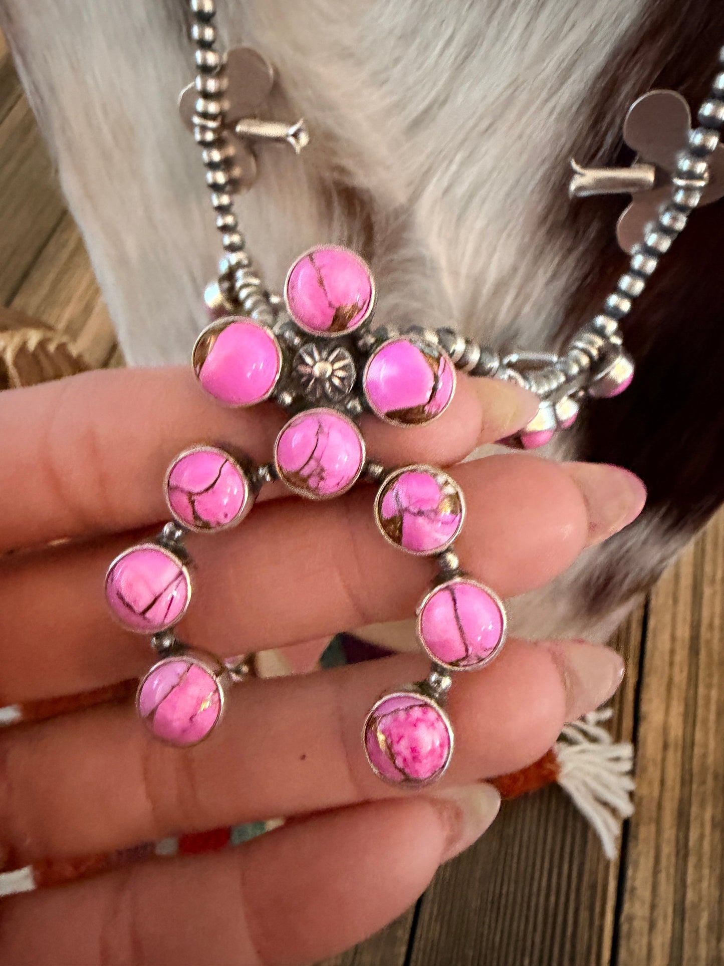 Handcrafted Cotton Candy & Sterling Silver Squash Blossom Necklace and Earring Set