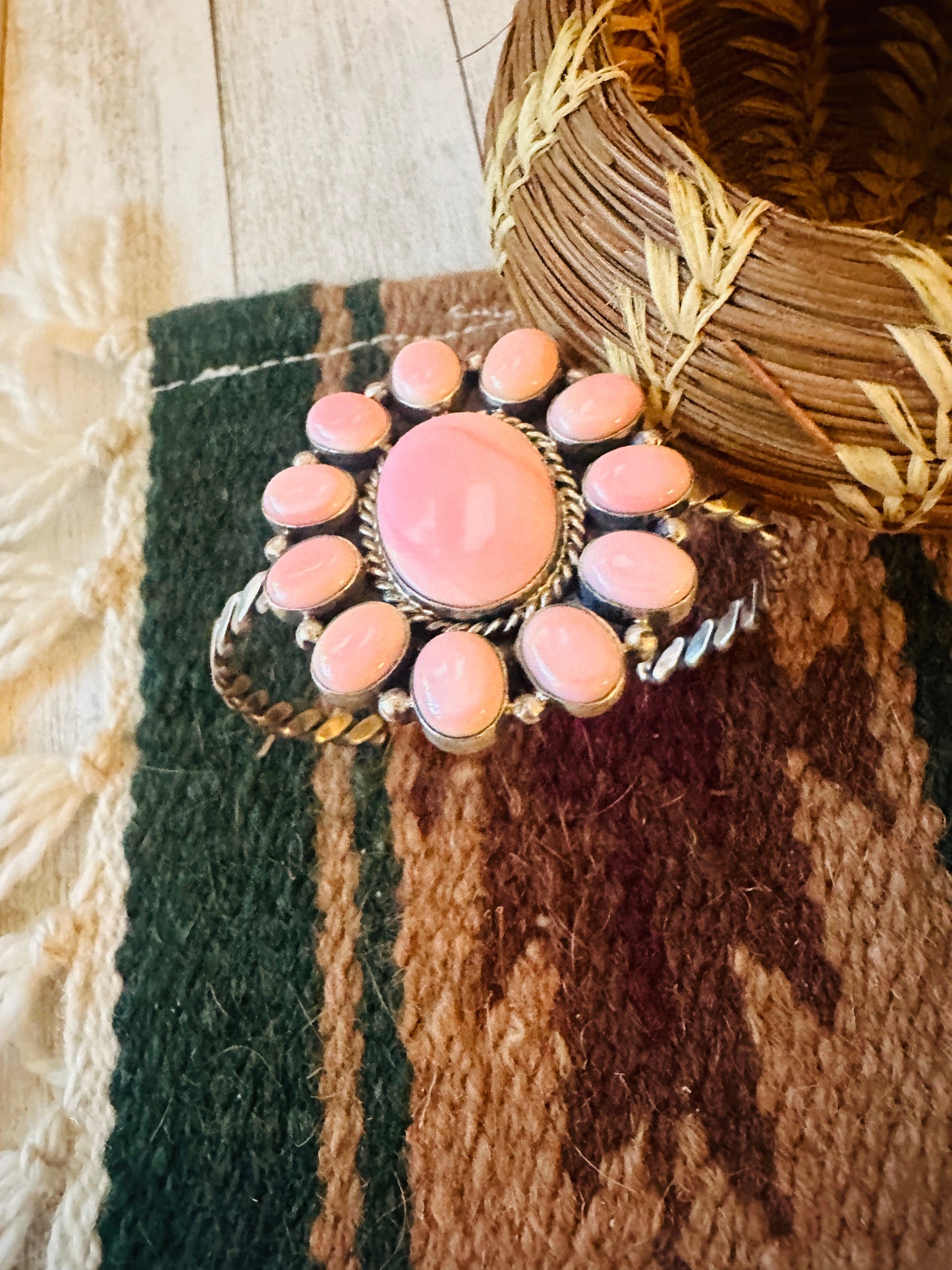 Handcrafted Queen Pink Conch Shell & Sterling Silver Cluster Cuff Bracelet