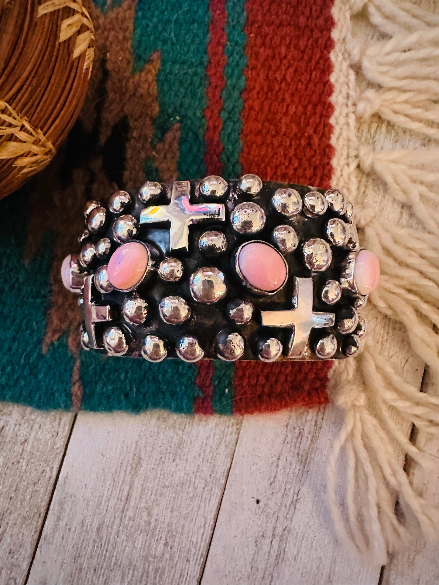 Handcrafted Sterling Silver & Queen Pink Conch Cross Cuff Bracelet By Chimney Butte /