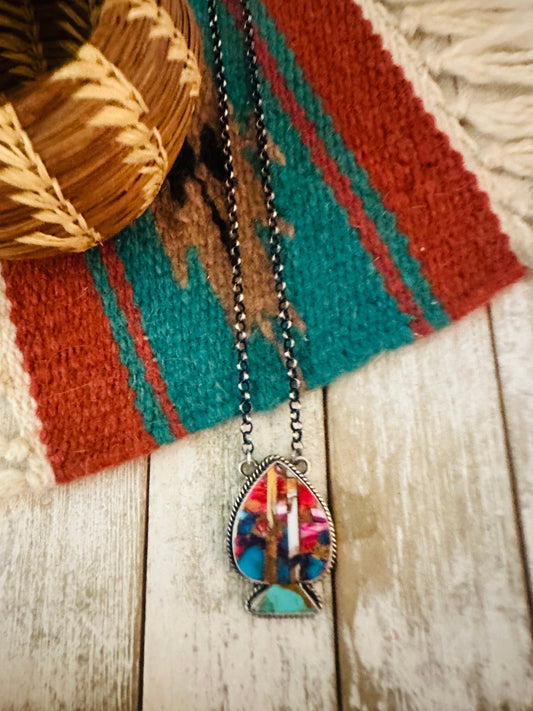 Handcrafted Sterling Silver & Multi Stone Inlay Spade Necklace