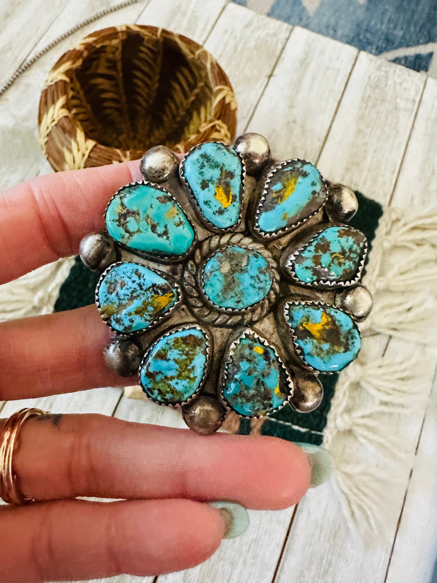 Old Pawn Handcrafted Sterling Silver & Turquoise Cluster Ring Size 7.25