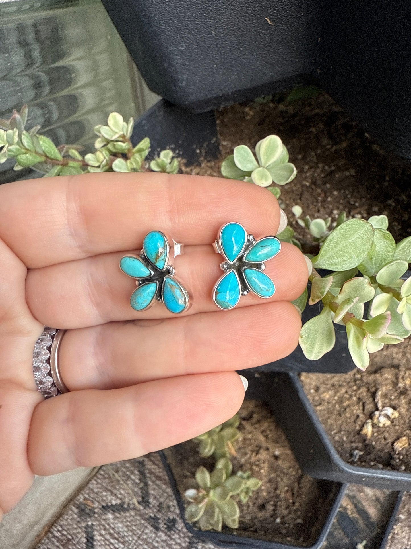 Handmade Kingman Turquoise & Sterling Silver 4 Stone Earrings style 3