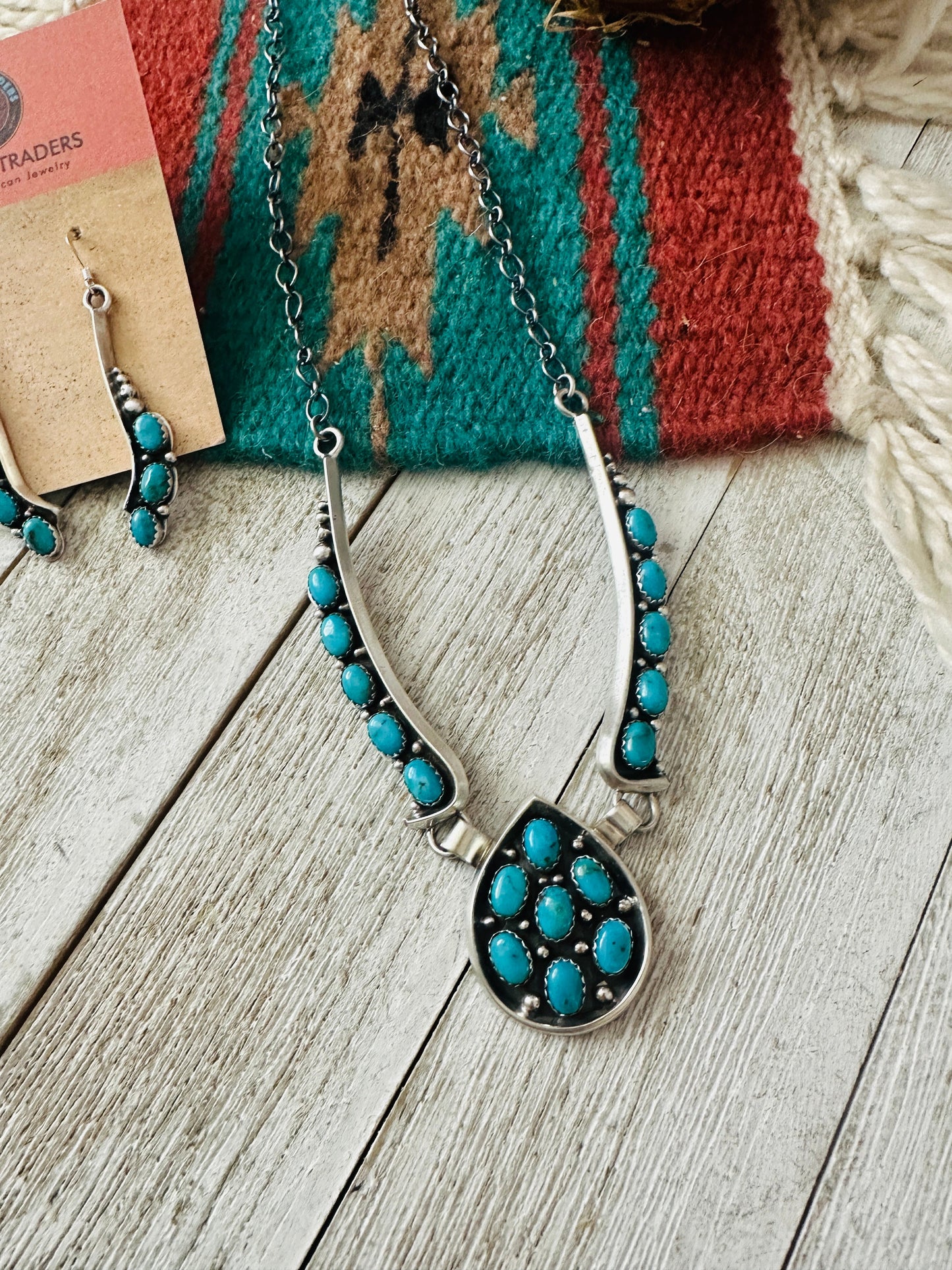 Handcrafted Sterling Silver & Turquoise Cluster Necklace and Earring Set