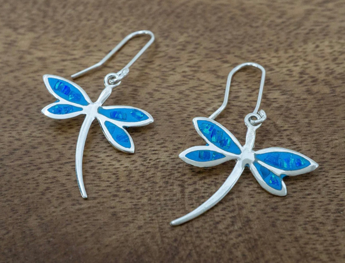 Blue Opal Dragonfly Earrings on Hook
