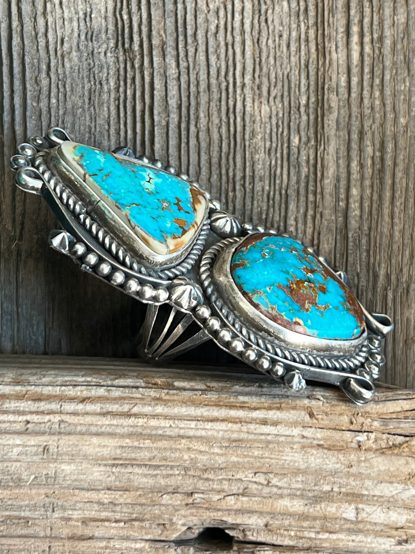 Apache Sterling Silver and Pilot Mountain Two Stone Ring by Rosella Paxson, Size 10