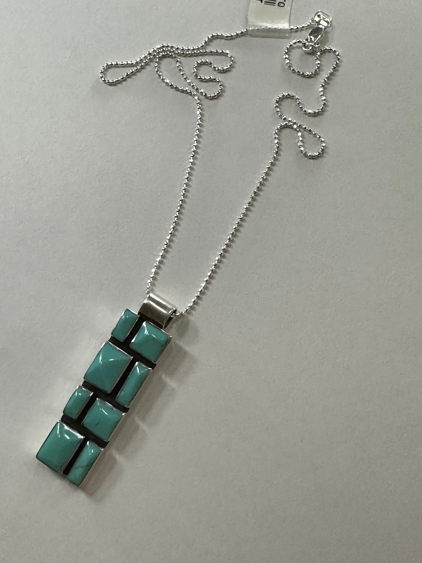 Slim Turquoise Mosaic Sterling Silver Pendant Necklace