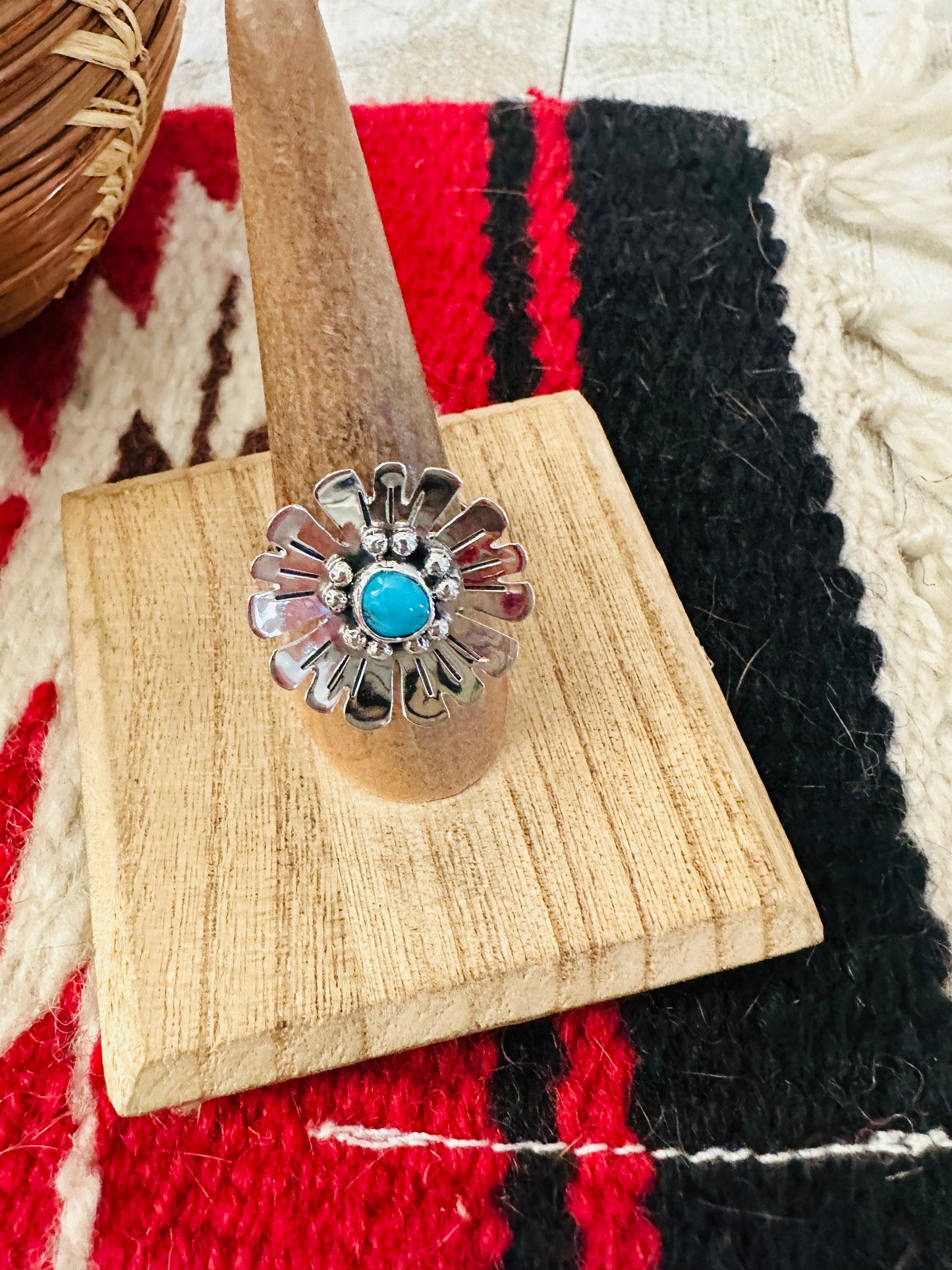 Handcrafted Sterling Silver & Turquoise Adjustable Flower Ring