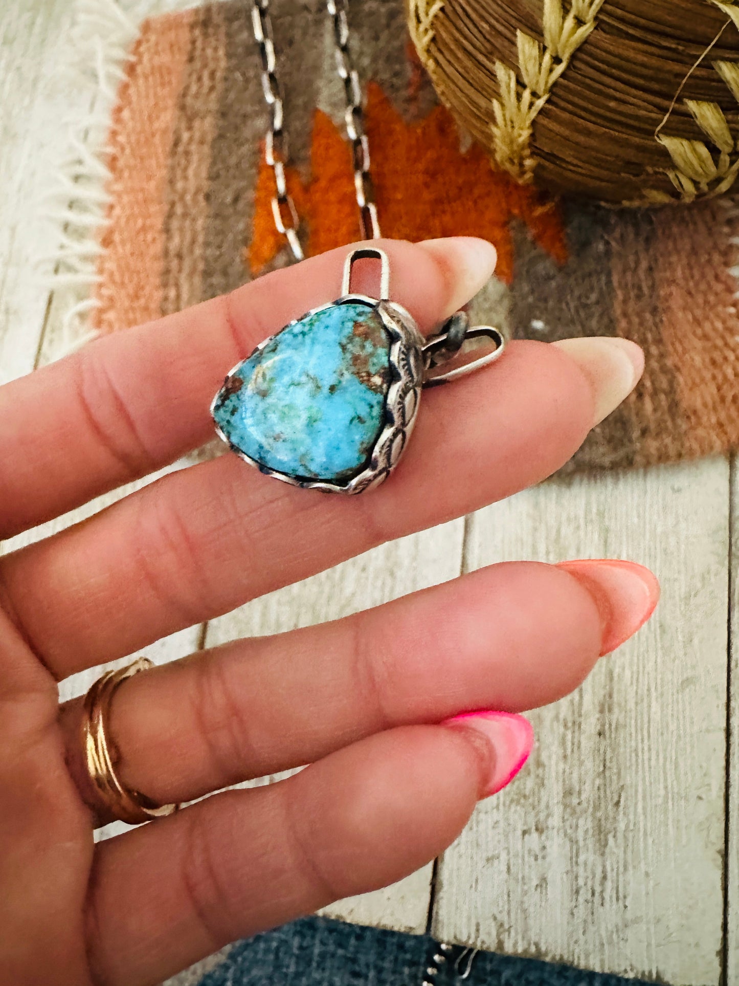 Handcrafted Turquoise & Sterling Silver Paper Clip Chain Necklace