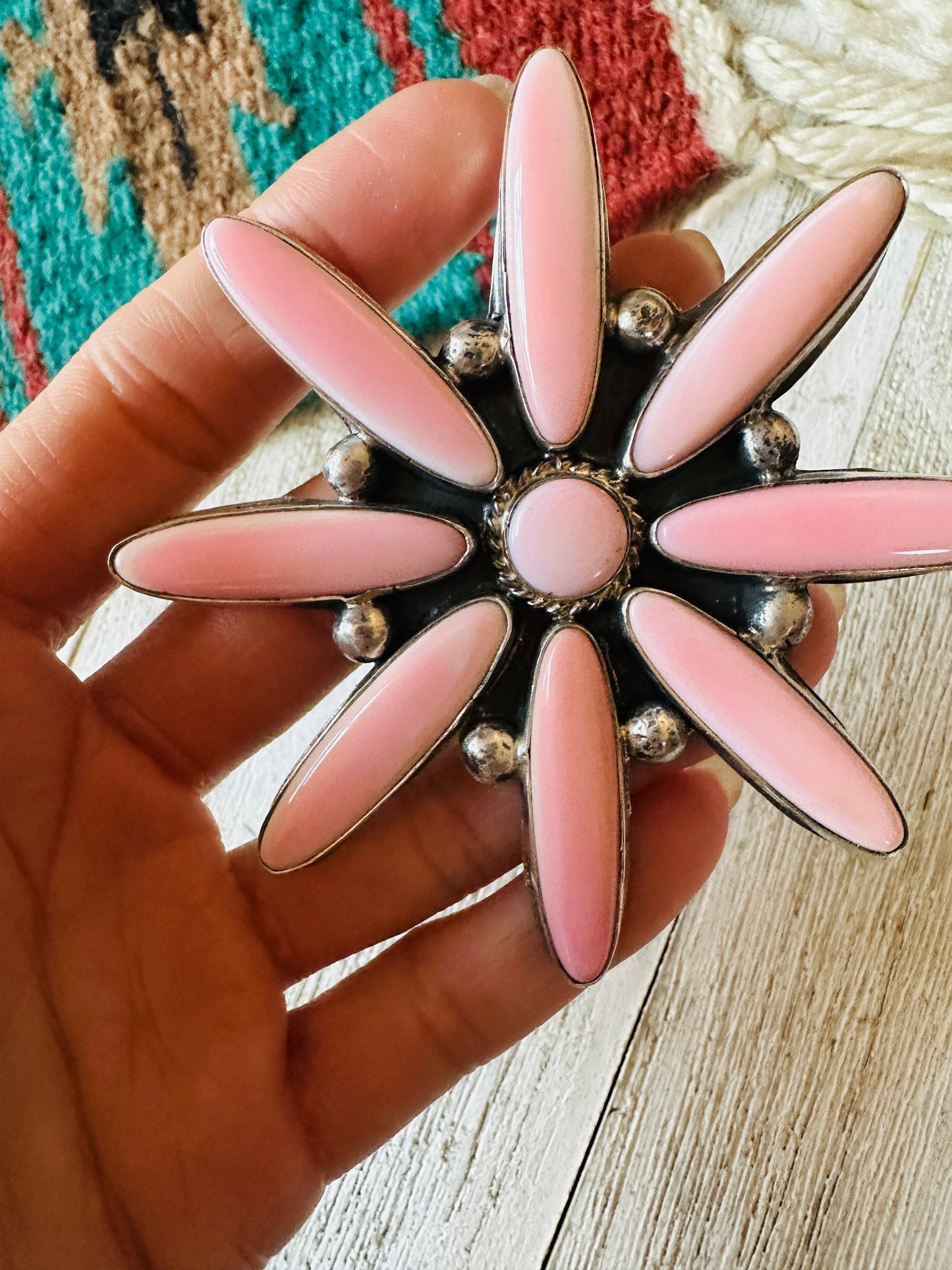Handcrafted Sterling Silver & Queen Pink Conch Adjustable Flower Ring