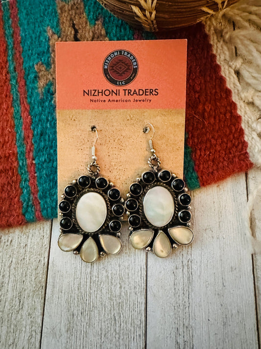 Handcrafted Mother of Pearl, Onyx & Sterling Silver Dangle Earrings