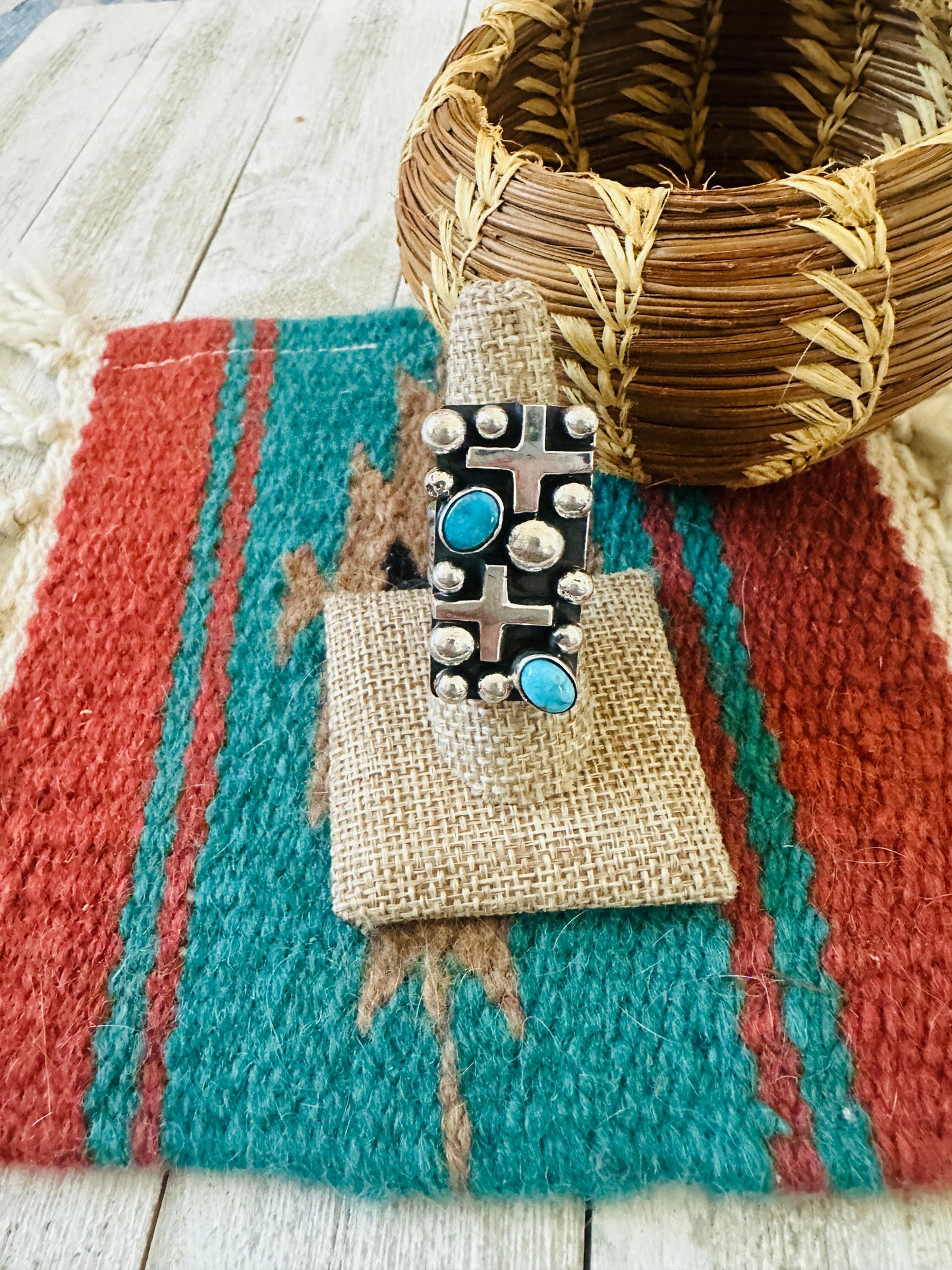 Handcrafted Turquoise & Sterling Silver Cross Ring Chimney Butte Size 8