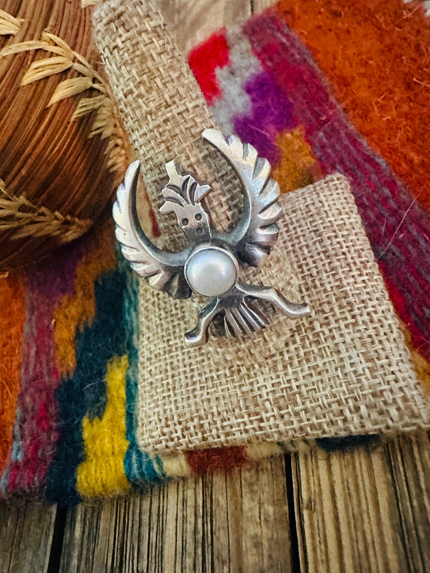 Handcrafted Pearl & Sterling Silver Thunderbird Ring size 10 by Chimney Butte
