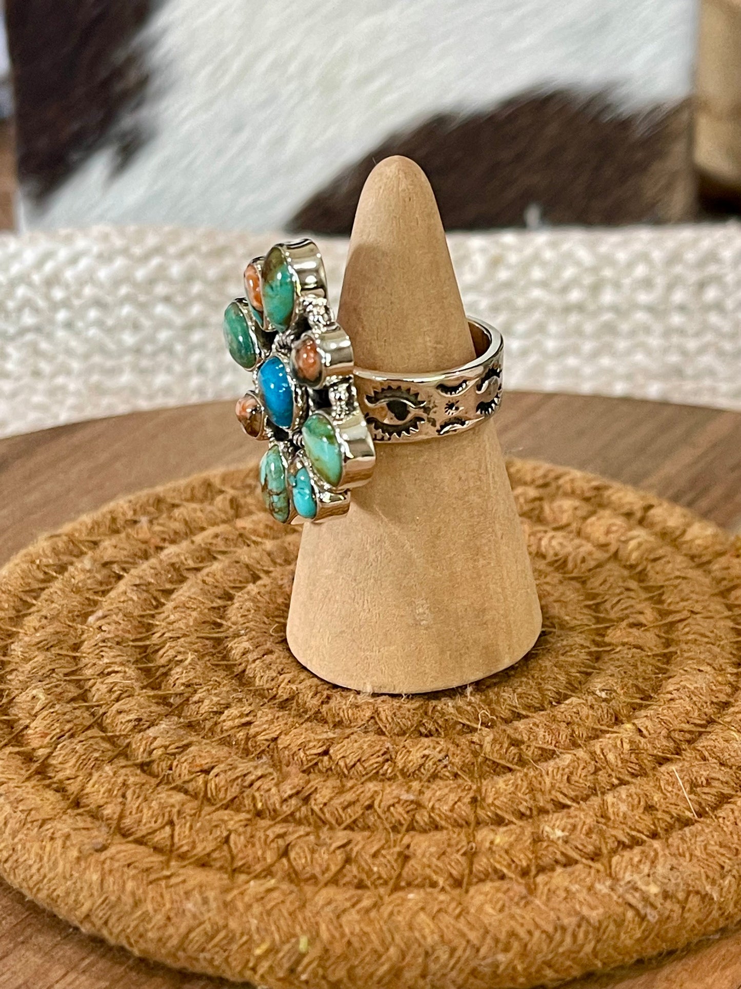 Handcrafted Sterling Silver, Turquoise & Spice Adjustable Cluster Ring