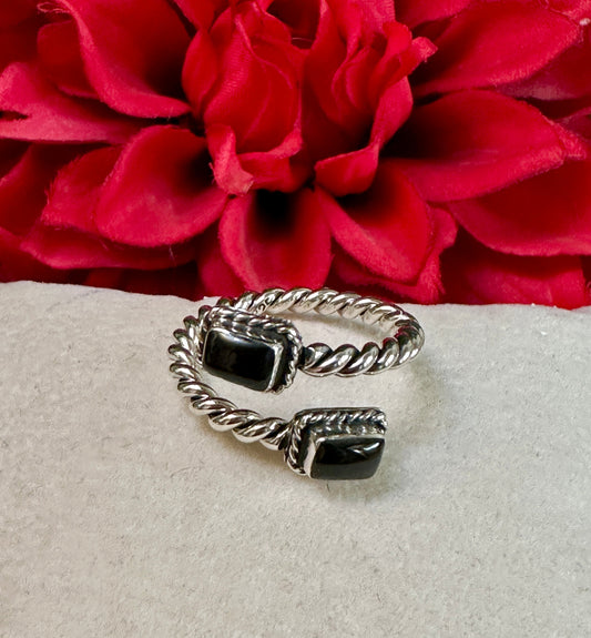 Black Onyx 2 Stone & Sterling Silver Adjustable Ring✅