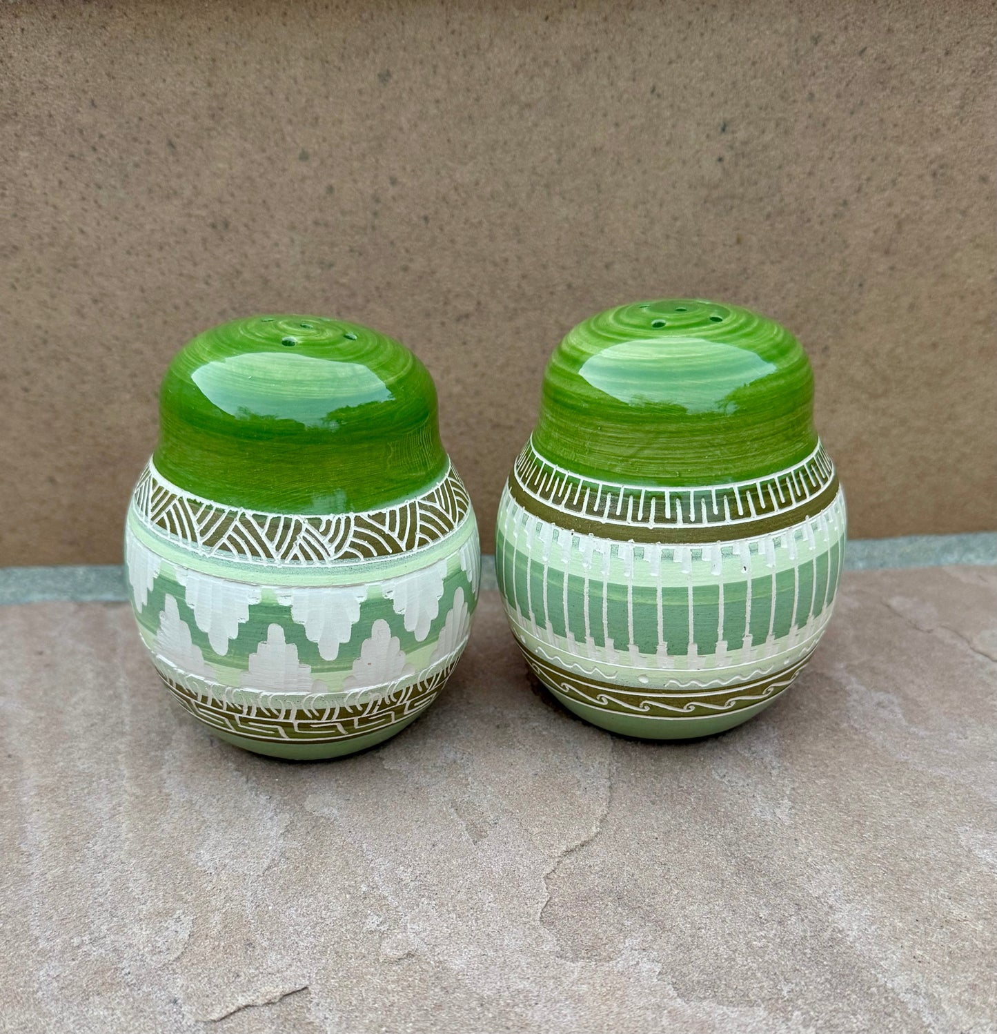 Handcrafted Green Salt & Pepper Shakers “Cassandra King”