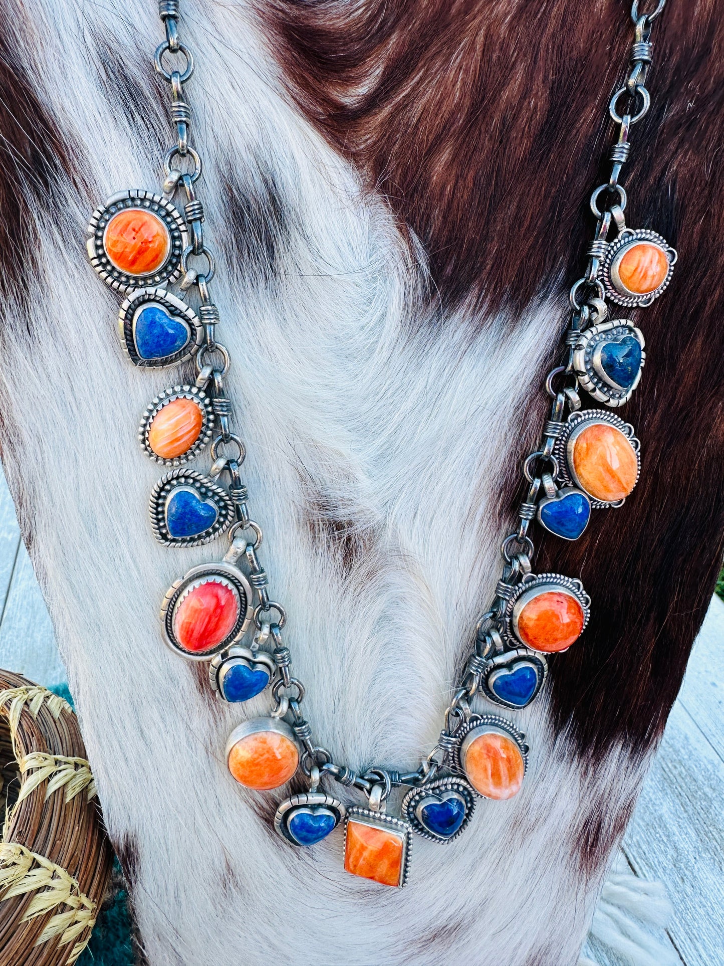 Handcrafted Orange Spiny, Lapis & Sterling Silver Heart Necklace