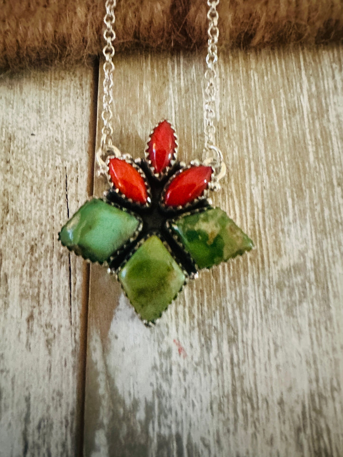 ** Christmas Collection ** Handmade Sterling Silver, Turquoise & Coral Necklace Signed Nizhoni