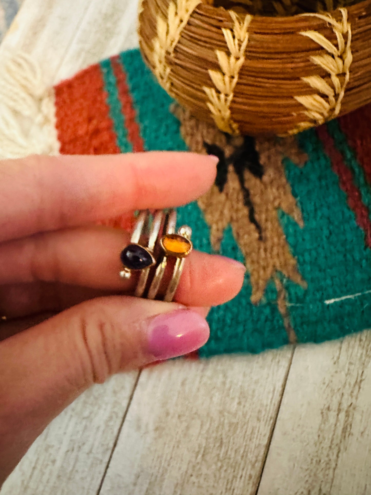Handcrafted Amber, Amethyst & Sterling Silver Ring Size 8.5