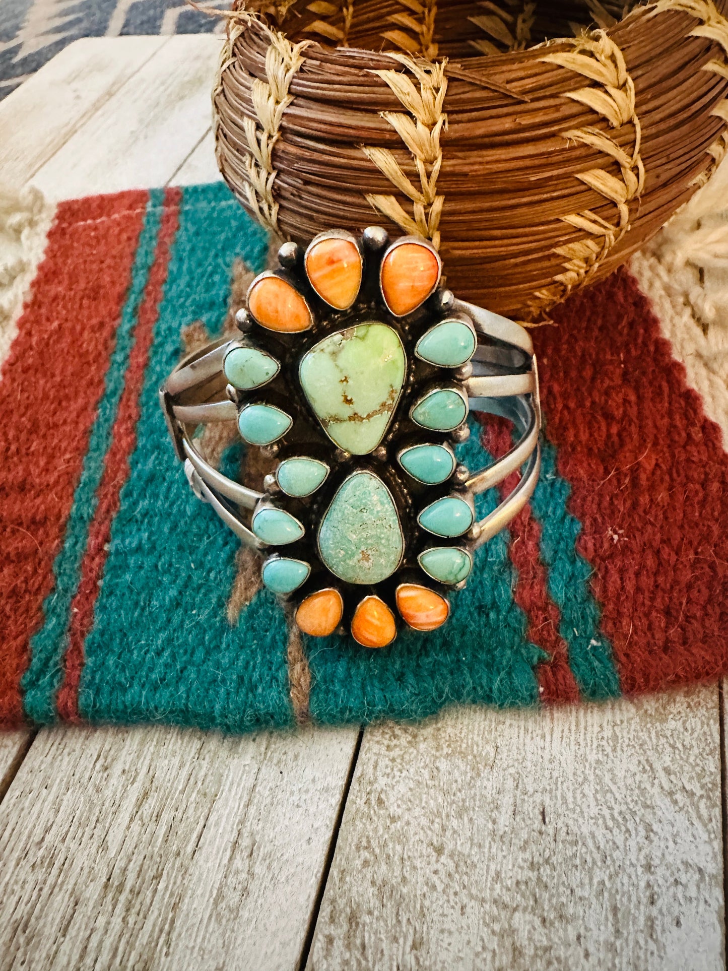 Spiny Oyster, Turquoise & Sterling Silver Cluster Cuff Bracelet /