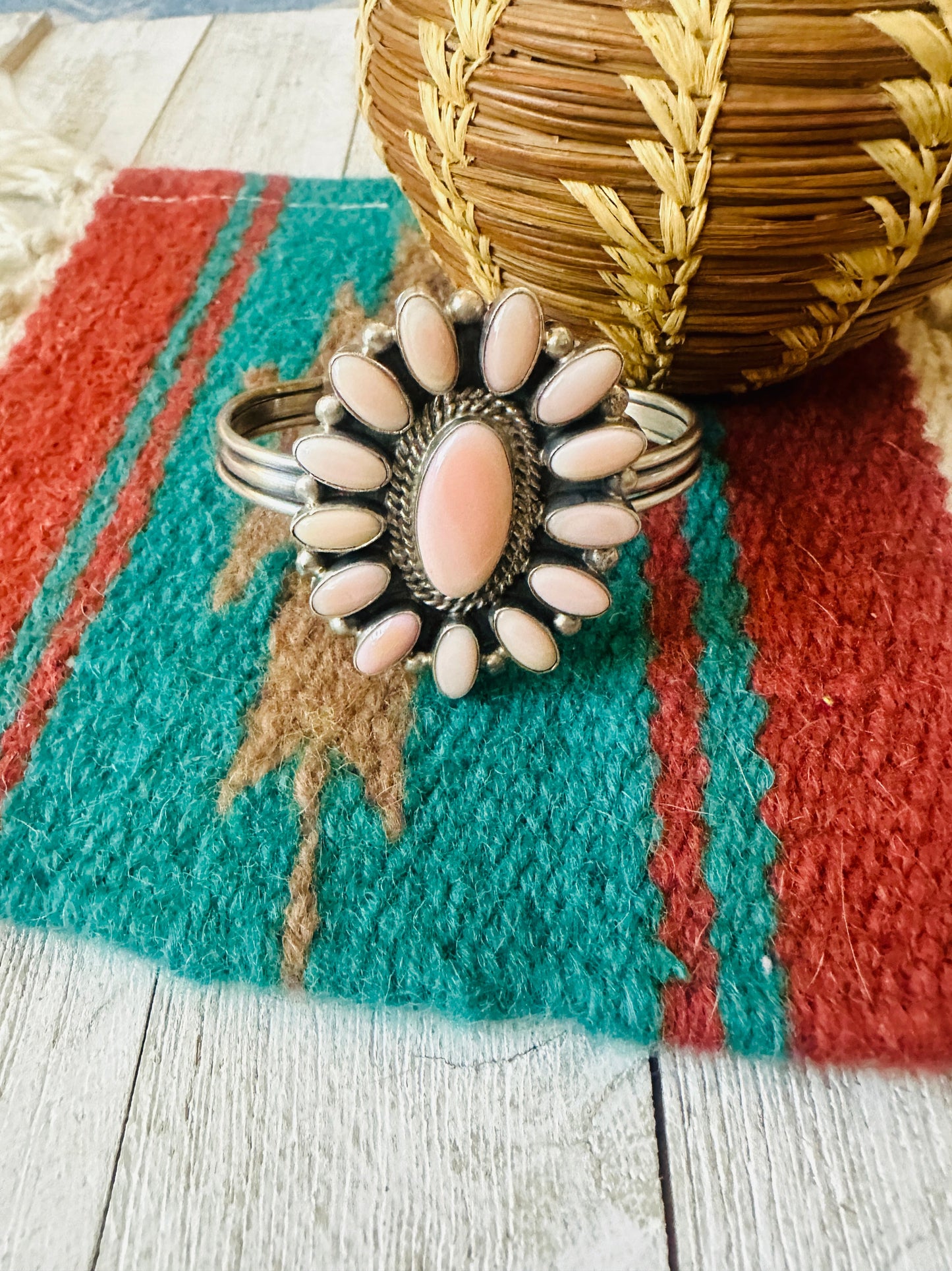 Navajo Queen Pink Conch Shell & Sterling Silver Cluster Cuff Bracelet