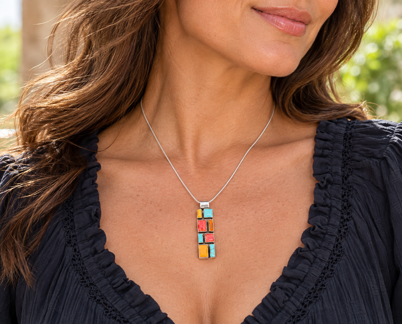 Multistone Slim Mosaic Sterling Silver Necklace