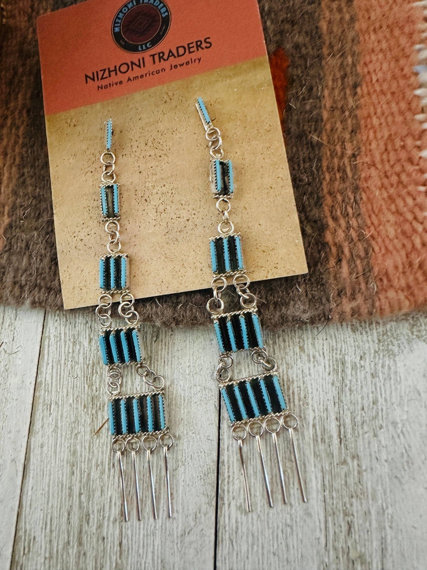 Handcrafted Sterling Silver & Turquoise Needlepoint Dangle Earrings
