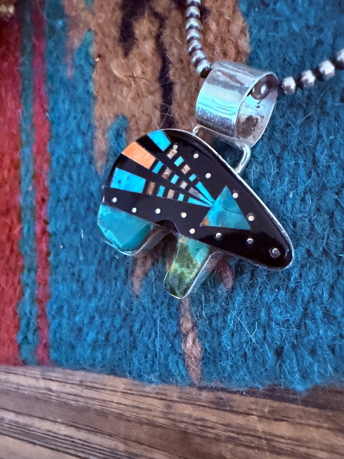 Handcrafted Sterling Silver and Multi Stone Inlay Bear Pendant by Ray Jack