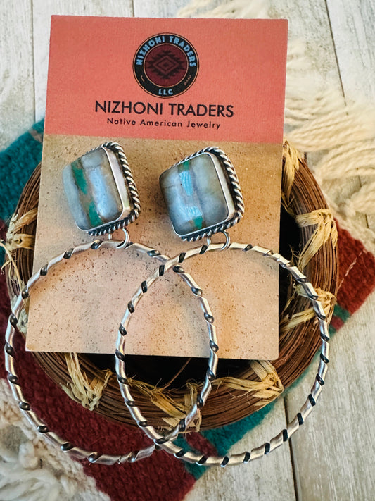 Handcrafted Ribbon Turquoise and Sterling Silver Dangle Hoop Earrings