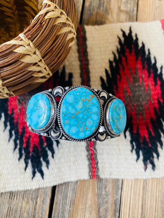 Handcrafted Kingman Web Turquoise & Sterling Silver Cuff Bracelet By Derrick Gordon /