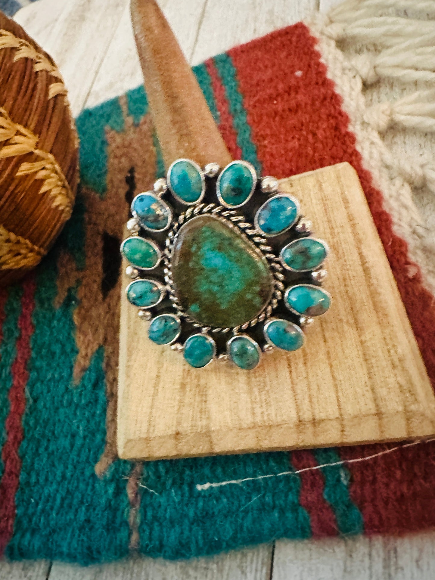 Handcrafted Sterling Silver & Turquoise Cluster Adjustable Ring