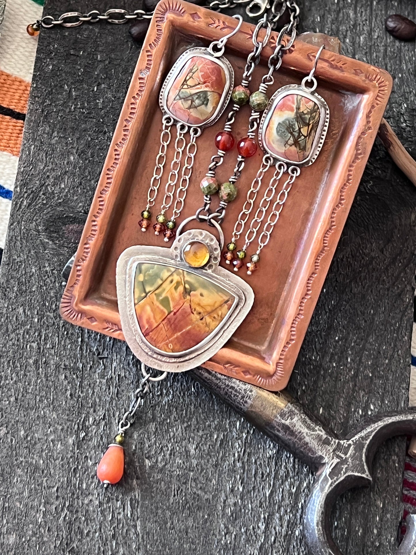 Tularosa Rosary Style Sterling Silver, Red Creek Jasper and Citrine Sunset Necklace