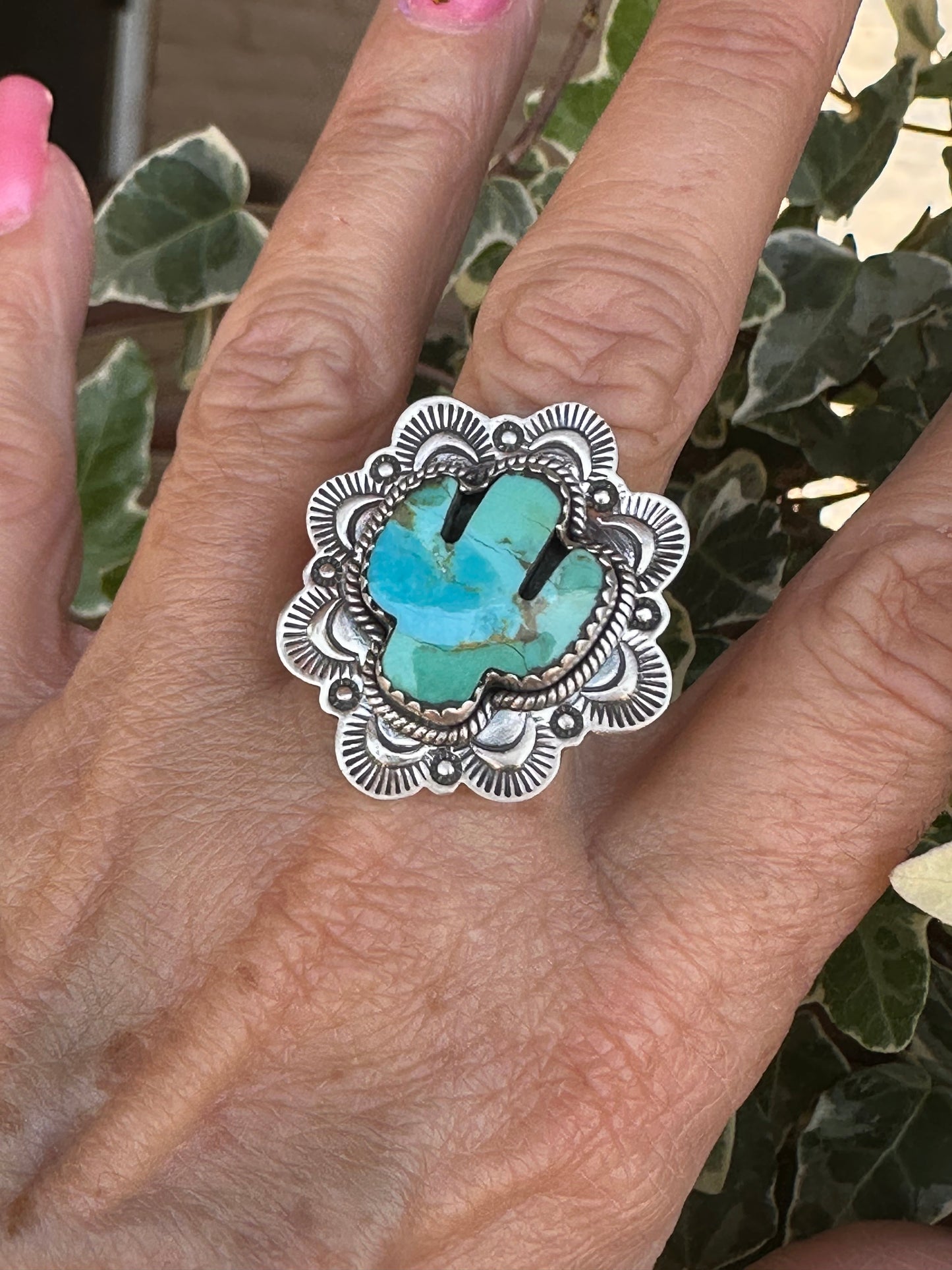 Handmade Sterling Silver Turquoise Saguaro Cactus Adjustable Ring