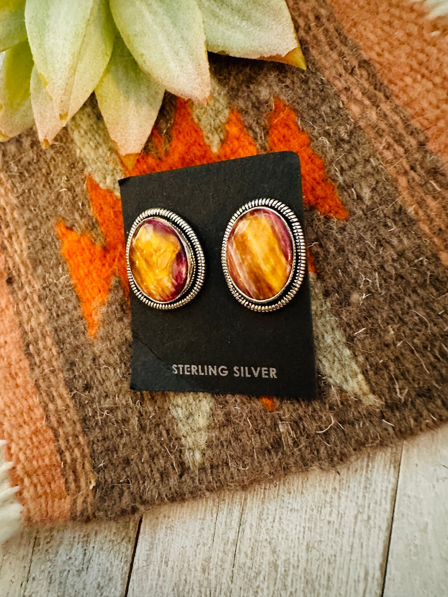 Navajo Spiny and Sterling Silver Post Earrings by Wydell Billie