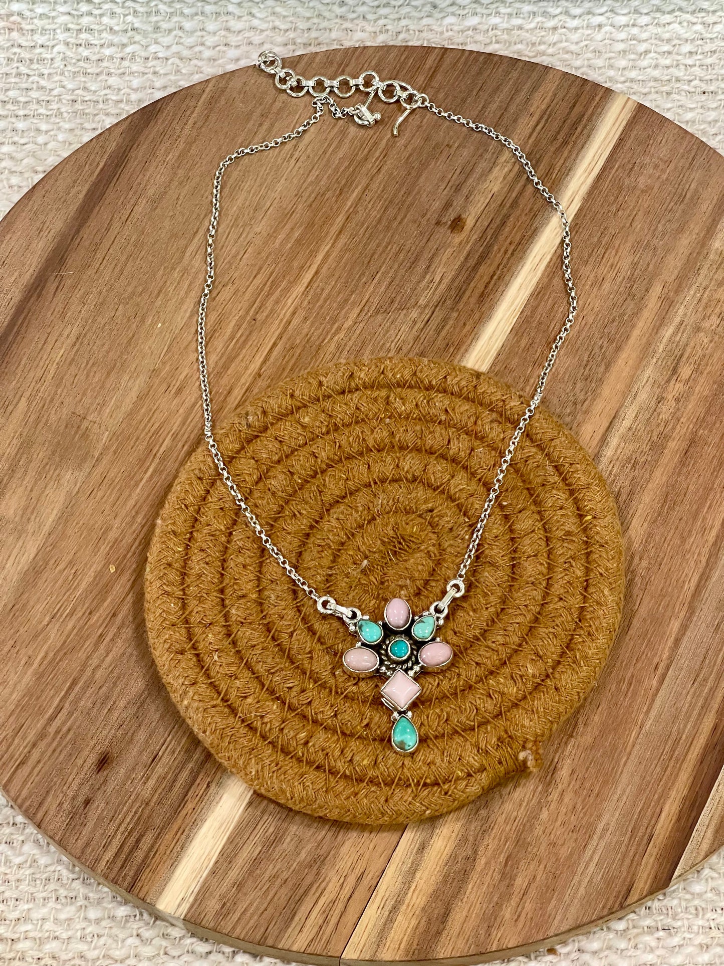 Handcrafted Sterling Silver, Turquoise & Pink Conch Cluster Necklace
