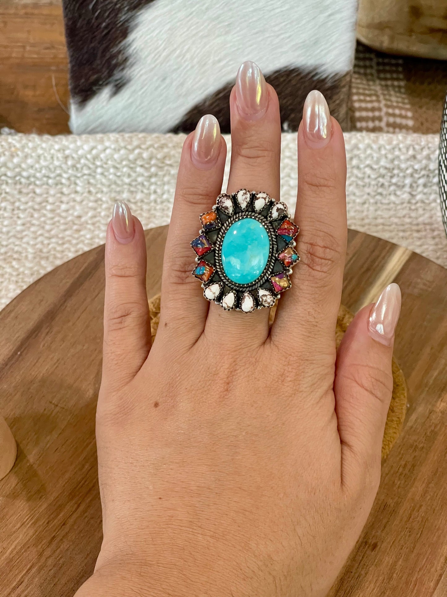 Handcrafted Sterling Silver & Multi Stone Adjustable Cluster Ring