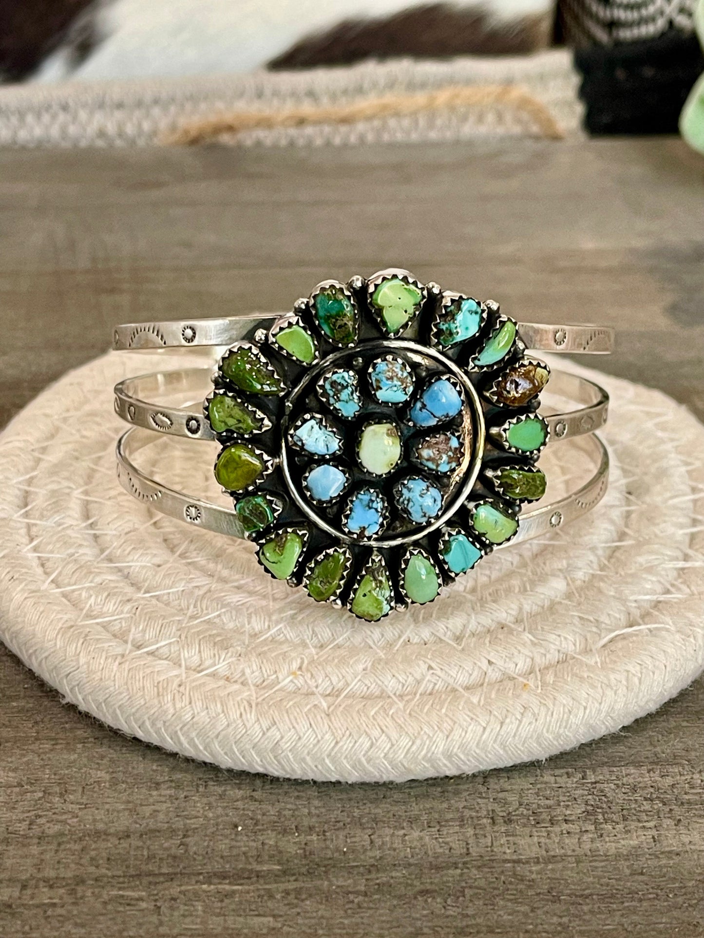 Beautiful Handmade Sterling Silver, Turquoise Multi Stone Cuff