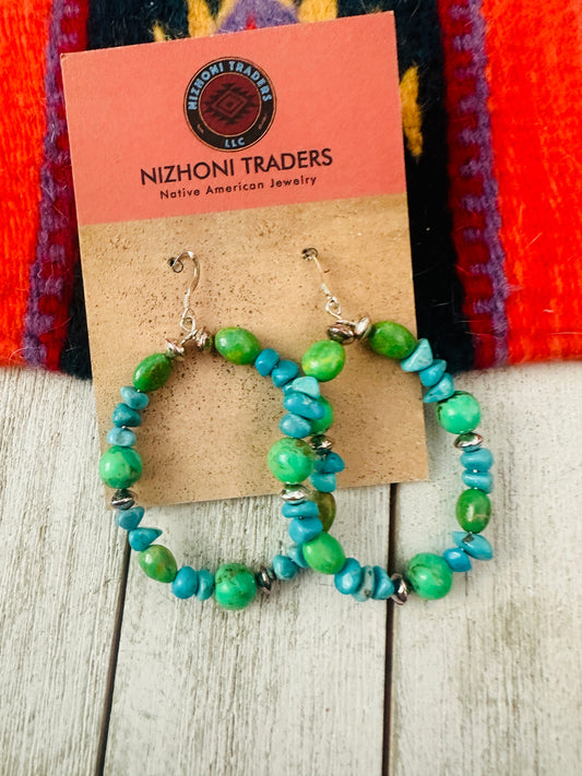 Handcrafted Kingman Turquoise & Sterling Silver Beaded Hoop Earrings